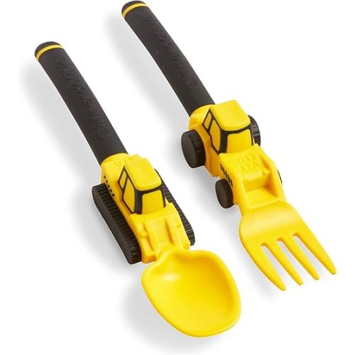 Dinneractive Utensil Set for Kids – Construction Themed Toddler Forks and Spoons, Toddler Utensils – 2-Piece Set – Yellow Construction Utensils For Toddlers - Loader & Tractor Toddler Spoons and Forks