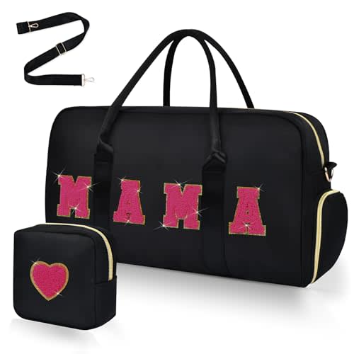 Mama Hospital Bag for Women Labor and Delivery Nylon Chenille Letter Embroidered Travel Duffle Overnight Weekender Bag with Shoes Compartment and Mothers Day Gifts Black-Hot Pink