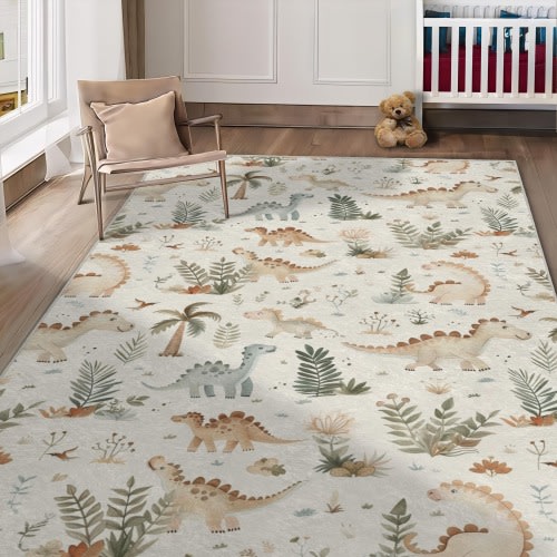 Cute Dinosaurs Kids Room Rug, Earth Tone Dino Children's Rug, Dino Playroom Rug, Non-Slip Animal Nursery Carpet, Neutral Dinosaur Decor