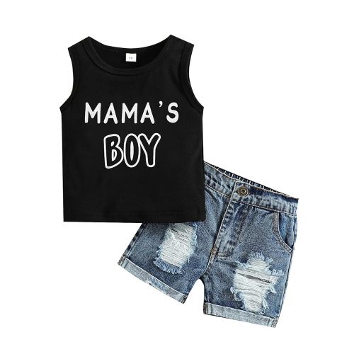 Baby Toddler Boys Summer Outfit Set Sleeveless Vest Letter Print Tank Tops with Ripped Denim Shorts