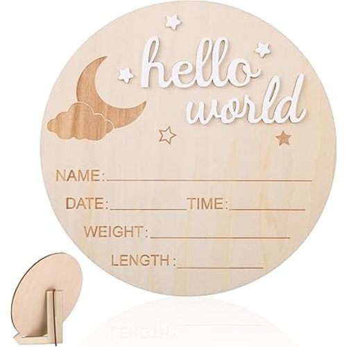 Wooden Hello World Newborn Sign, 5.8in Birth Announcement Board Baby Name Plaque Birth Stats Board for Boys and Girls Cute Nursery & Hospital Photo Prop