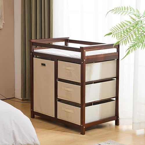 Karl home Modern Baby Changing Table,Dresser Baby Diaper Changing Station with Laundry Hamper,Infant Nursing Table with 3 Storage Drawers,Removable Safety Rail & Strap for Bedroom,Nursery,Brown