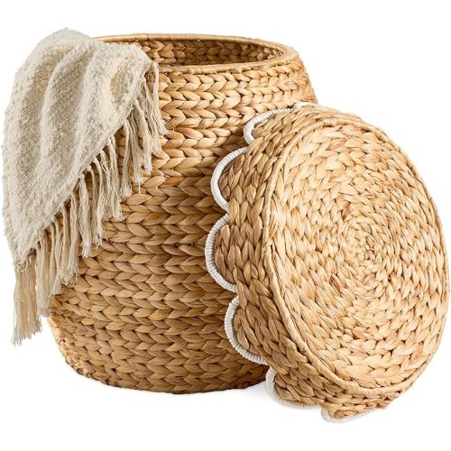 Best Choice Products Scalloped Multipurpose Hyacinth Storage Basket, Plant Décor, Handwoven Organizer Tote for Bedroom, Living Room, Nursey, w/Lid - Natural with White Trim