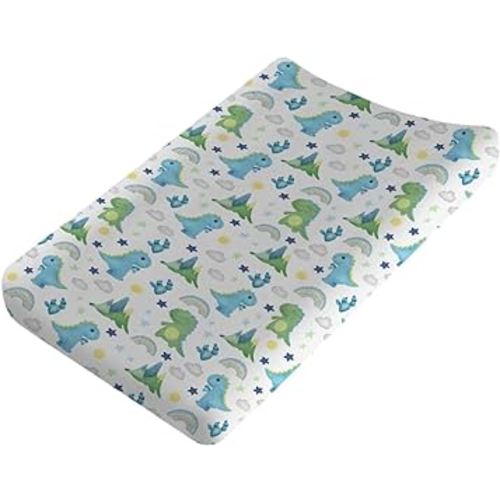Dinosaur Rainbow Diaper Changing Pad Cover Sheets for Boy Girl 32''x16'' Cartoon Dino Sun Star Cactus Mountain Unisex Fitted Changing Table Covers Comfort Soft Breathable Baby Changing Table Mats