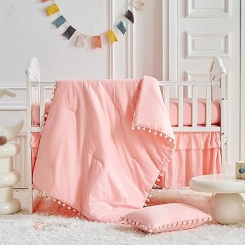 AIKASY The Ball Pom Fringe Crib Bedding Set for Girls, Baby Quilted Soft Comforter with Fitted Sheet, Bed Skirt, and Pillowcase（Coral Pink）