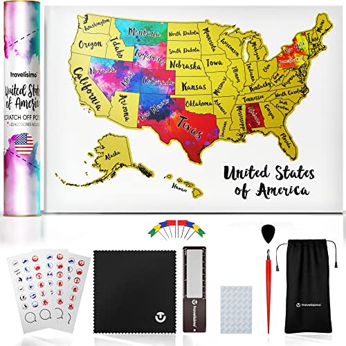 TRAVELISIMO Scratch Off Map of United States, 12x17 inch Travel Map, United States Map for Traveling with 25 Unique Accessories, Colorful Scratch Map, Travel Map Scratch Off, Gift for Travelers
