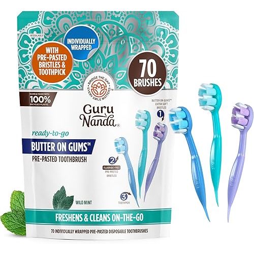 GuruNanda Ready-to-Go Disposable Mini Travel Toothbrushes - Butter on Gums Softex Bristles, Pre-Pasted Toothbrush & Toothpick - Fluoride-Free, No Rinsing Needed, 70 Ct
