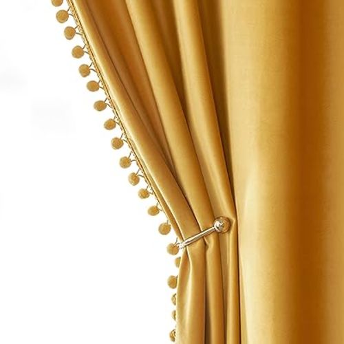 MIULEE Mustard Yellow Pom Pom Velvet Curtains for Fall Bedroom/Living Room Darkening Thermal Insulating 84 Inches Long Blackout Curtains with Rod Pocket for Kid Room/Nursery/Home Theater Set of 2