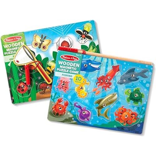 Melissa & Doug Magnetic Wooden Puzzle Game Set: Fishing and Bug Catching - Magnetic Games, Chunky Animal Puzzles For Toddlers And Kids Ages 3+