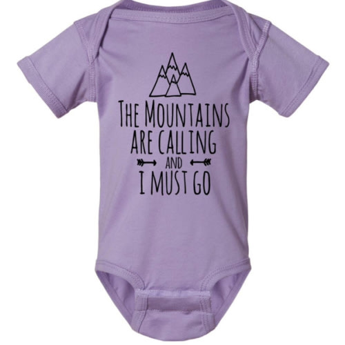 The Mountains Are Calling And I Must Go, Cute Onesie, Sweet Baby Bodysuit, Graphic Onesie, Shirts With Sayings, Heather Gray, Chill, or Lavender (6 MO, Lavender)