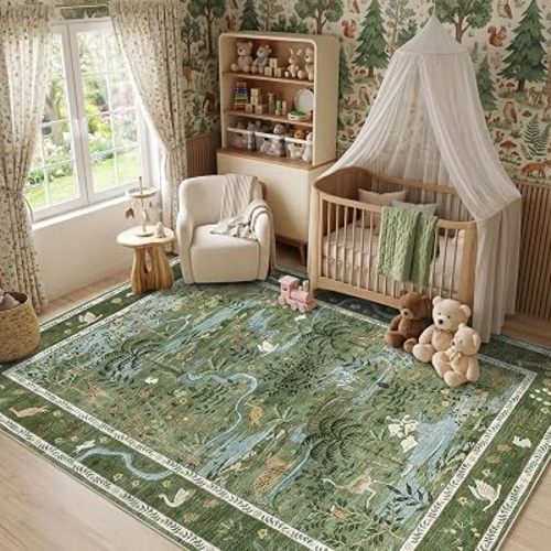4x6 Whimsical Safari Nursery Area Rug Washable Non Slip Small Living Room Rugs Low Pile Animal Print Girs Bedroom Green Throw Carpet Forest Fairy Tale Area Rugs for Entry Kids Room, Green
