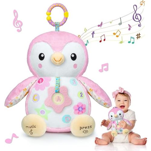 Fuzqq Baby Toys 0-6 Months,Musical Stuffed Animal Plush Toy,Textured Hanging Ring,Rattles & Crinkle Sound Paper,Tummy Time Toys for 0-6-12 Months Boy/Girls,Penguin