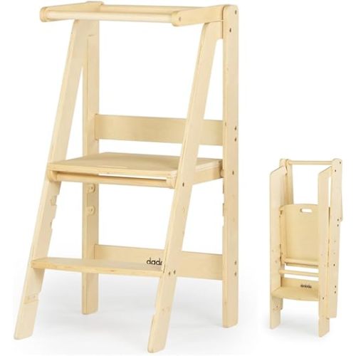 dadada Foldable Toddler Tower - Montessori Tower with Baby-Safe Finishes - Folding Toddler Kitchen Tools Collapsible Step Stool - Toddler Ladder for Kitchen (Natural)