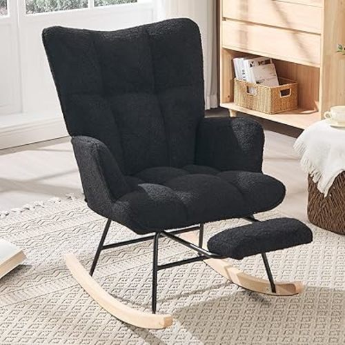 Nursery Rocking Chair with Footrest, Teddy Upholstered Glider Rocker with Side Pocket, Leisure Rocker Chair with High Back, Recliner Rocking Chair, Accent Reading Chair for Bedroom (Black)