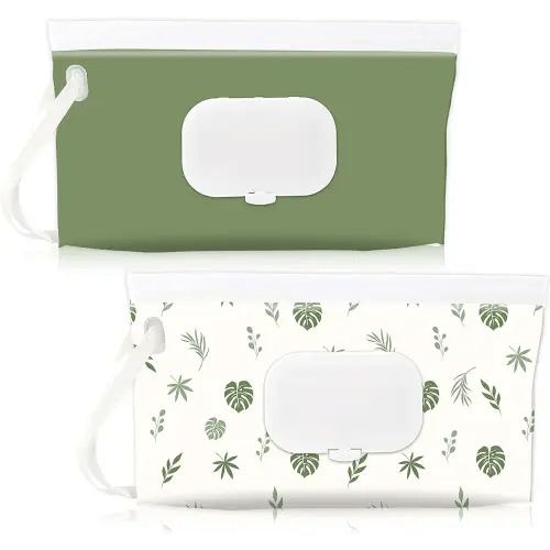 FEBSNOW 2 Pack Baby Wipes Dispenser Holder, Portable Refillable Baby Wet Wipes Pouch Container Reusable Travel Case for Outdoor Hiking, Green Leaves