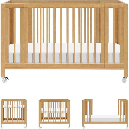 babyletto Rolli 9-in-1 Convertible Baby Crib w/Wheels - Includes Pad & Conversion Kits for Bassinet, Standard Crib, Toddler Bed, Daybed & Junior Bed - GREENGUARD Gold - 3 Adjustable Heights - Honey