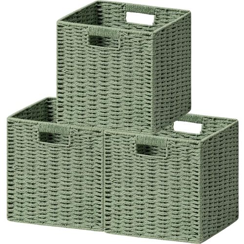UBBCARE 3 Pack Wicker Basket, 11L×11H×10.5W inch Woven Paper Rope Storage Baskets for Shelves, Foldable Cube Storage bin with Handle, Storage Basket for Organizing & Decor, Green