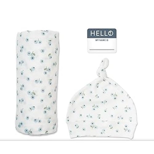 lulujo Birth Announcement Hat & Swaddle Blanket Set| Unisex Softest Bamboo Muslin Baby Swaddle Blanket| Receiving Blanket | 47in x 47in| Bamboo Knot Hat | Hello! Birth Announcement Sticker Blueberries