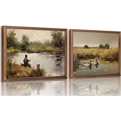 Vintage Wall Art Set of 2, Rustic Boy Fishing Mallard Duck Canvas Wall Decor, Wildlife Nature Pond Prints for Living Room Bedroom Office Rustic Home Decor 12x16in Wood Framed