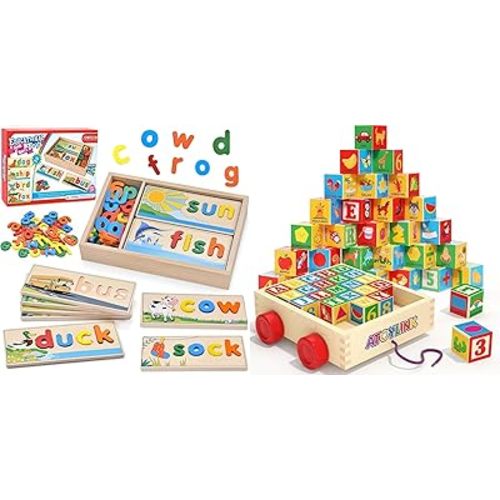 Atoylink Wooden Spell Learning Toys & ABC Wooden Building Blocks for Toddlers 1 2 3 4 5 Years Old