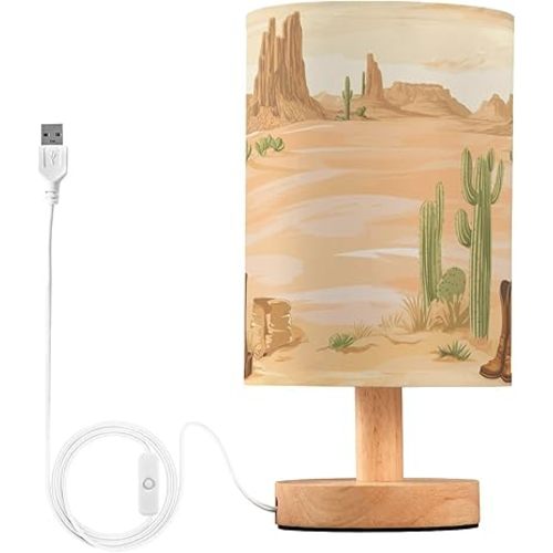 KLL Nightstand Lamp Bedside Reading Lamp Burlap Western Cowboy Cactus Boots Gun Spurs Vast Desert Lamps for Girls Bathroom