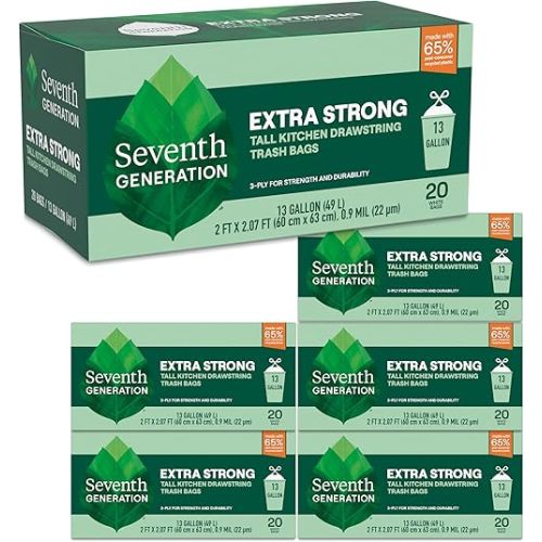 Seventh Generation Kitchen Garbage Bags 13 Gallon Pack of 6 Extra Strong Made from Recycled Plastic 20 count