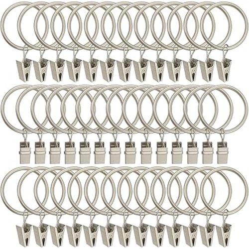 40 Pack Metal Curtain Rings with Clips, Curtain Clip Rings Hooks for Hanging Drapery Drapes Bows, Curtain Rod Rings 1.5 inch Interior Diameter, Matte Silver