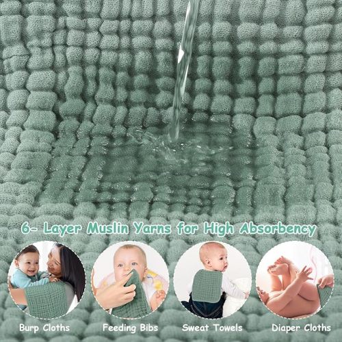 Looxii Muslin Burp Cloths 100% Cotton Large 20''x10'' Extra Soft and Absorbent 6 Pack Baby Burping Cloth for Boys Girls (Dark Green)