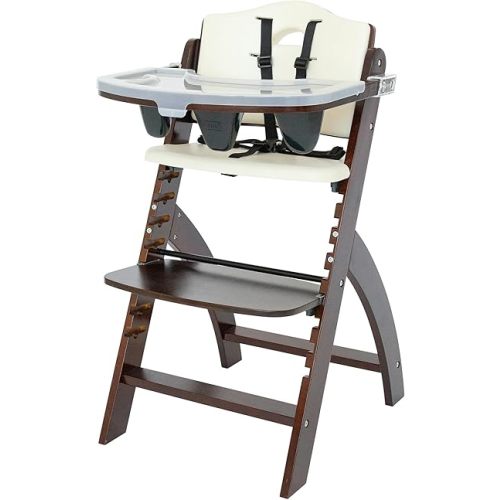 Abiie Beyond Junior Wooden High Chair with Tray - Convertible Baby Highchair - Adjustable High Chair for Babies/Toddlers/6 Months up to 250 Lbs - Stain & Water Resistant Mahogany Wood/Cream Cushion