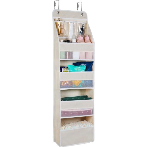 Univivi 5-Shelf Over Door Hanging Organizer Fabric Door Storage with 4 Large Pockets and 3 Small PVC Pockets Wall Mount Hanging Storage Organizers (Beige)
