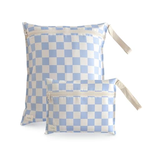 mushie Water Resistant Wet Bags | Large & Small Reusable Storage Bag for Baby Items and Travel | Zippered Pockets with Handle | Machine Washable, Set of 2 (Blue Check)