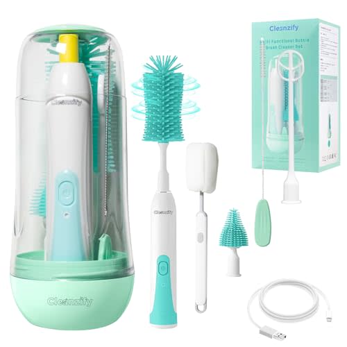 CLEANZIFY Electric Bottle Brush Cleaner, Rechargeable Baby Bottle Brush Set for Travel, Waterproof Baby Bottle Cleaner with 2 Brush Head, Straw Brush,Mixing Head,Storage Box