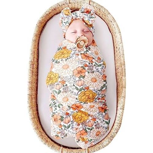 DRESHOW BQUBO Newborn Floral Receiving Blankets Newborn Baby Swaddling with Headband Set Warm Shower Gift