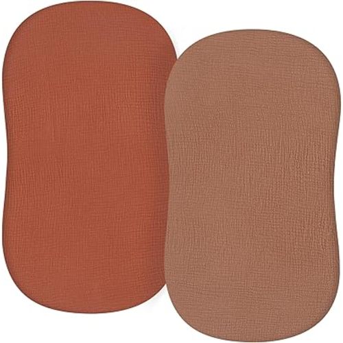 TILLYOU Muslin Bassinet Sheet - Ultra Soft Cotton Material, Skin Friendly Bassinet Fitted Sheet for Baby, Fit for Rectangle, Round, Oval, Hourglass Mattress,33"x16"，Caramel&Brown