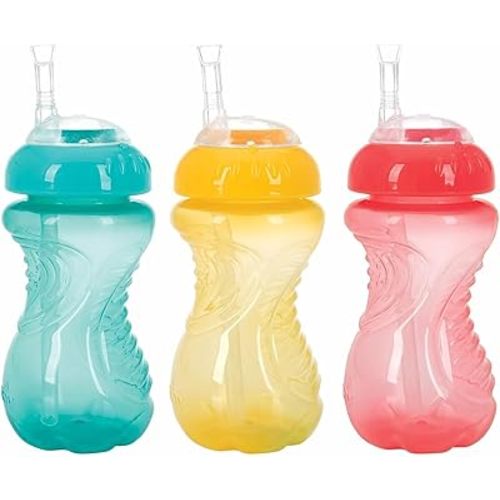 Nuby 3 Pack No Spill Flex Straw Toddler Sippy Cups - Toddler Cups Spill Proof with Easy and Firm Grip - Aqua, Yellow, Coral