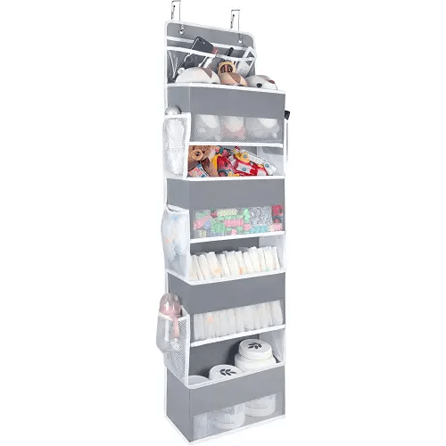 Univivi Over the Door Organizer, 5 Shelf Door Hanging Organizer Nursery Door Storage with 4 Large Compartments and 2 Small PVC Pockets 6 Side Pockets for Bathroom,Cosmetics and Nursery Baby Essential
