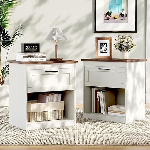 White Night Stand Set of 2, Farmhouse Small Nightstand with Drawers and Open Storage, Wood Bedside End Tables for Bedroom, Living Room (1 Drawer)