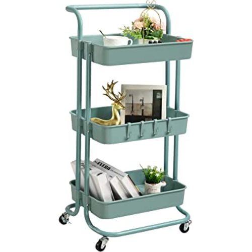 danpinera 3 Tier Rolling Utility Cart with Wheels and Handle Storage Organization Shelves for Kitchen, Bathroom, Office, Library, Coffee Bar Trolley Service Cart, Green