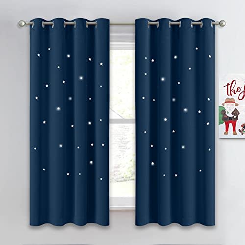 NICETOWN Kids Room Curtains with Laser Cutting Stars, Nursery Blackout Window Curtain Drapes for Light Blocking and Noise Reducing, W52 x L63 Inches Each Panel, Moroccan Blue, 1 Panel