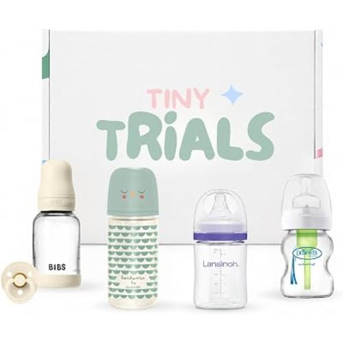 Glass Baby Bottle Variety Pack Featuring Dr. Brown's, Lansinoh, Bibs & Suavinex, Bonus Bibs Pacifier Included, Anti-Colic Non-Toxic Tiny Trials Baby Bottle Discovery Box
