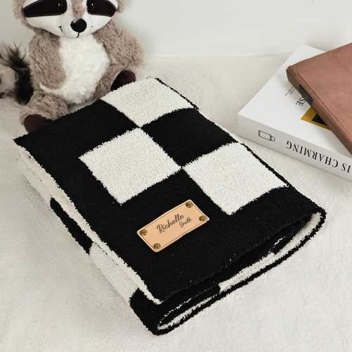 Checkered Baby Blanket, Custom Leather Patch Baby Blanket, Stroller Blanket Cozy Baby Blanket, Newborn Checkered Blanket, Baby Shower Gift