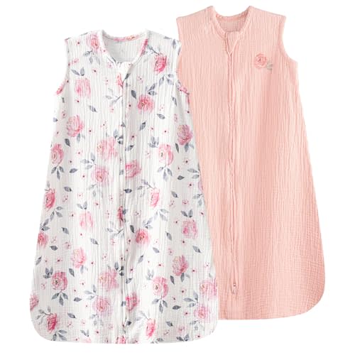PHF 100% Muslin Cotton Baby Sleep Sack, 6-12 Months Baby Wearable Blanket with 2-Way Zipper, 2 Pack Soft Breathable Cooling 0.5 TOG Medium Size Sleeveless Sleeping Bag for Girls, Pink Floral