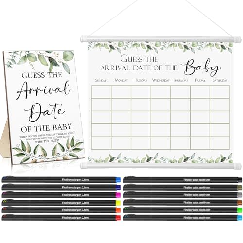 Sintuff Guess Baby Due Date Calendar Include 1 Pcs Guess The Arrival Date of The Baby Shower Wooden Sign 1 Prediction Calendar 12 Fineliner Colored Pens Game Party Favor(Greenery)