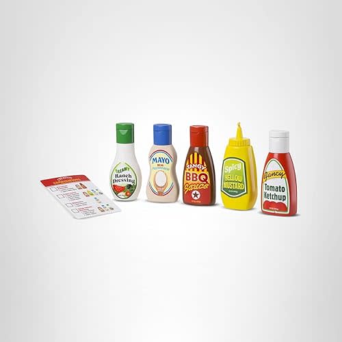 Melissa & Doug 5-Piece Favorite Condiments Play Food Set Play Ketchup and Mustard Bottles, Pretend Food Set for Kids Ages 3+
