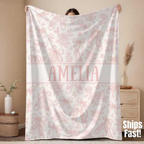 Personalized Ballet Toile Blanket, Velveteen Microfiber Throw with Custom Name