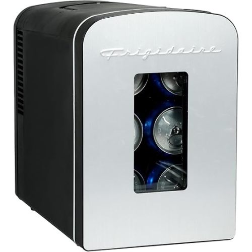 Frigidaire Portable 9-Can Mini Cooler Fridge, 5L, Brushed Stainless Rugged, Window, EFMIS189-SS, Clear Door, Glass