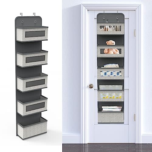 Domsanistor Over The Door Hanging Organizer with 5 Big Pockets, Wall Mount Fabric Back of Door Storage Organizer with Clear Window & Metal Hooks for Pantry Closet Diaper Dorm Nursery Bedroom