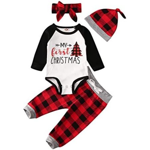 FYBITBO My First Christmas Baby Boy Girl Outfits Newborn Infant Letter Romper Shirt Pants Hat 1St Christmas Clothes Set