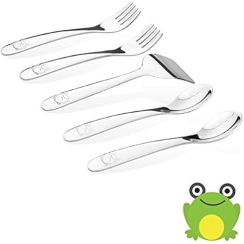 Baby Stainless Steel Utensil Set, Frog Model, High Grade Stainless #304 (18/8) 5pc set (2 baby spoons, 2 baby safe forks, 1 baby butter spreader). Elegant Baby Keepsake