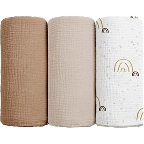 lulumoon Muslin Swaddle Blanket + Muslin Swaddle Blanket Rainbow Brown 3pack